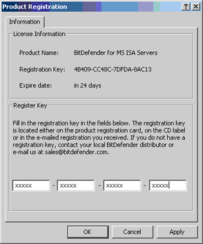 Type the new license key in the corresponding fields.