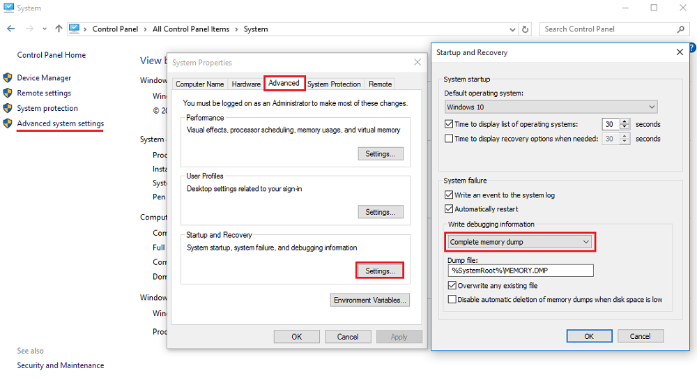 how to enable full memory dump in windows 10
