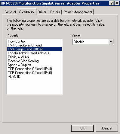 Set Ipv4 Large Send offload on disable Network Adapter Properties