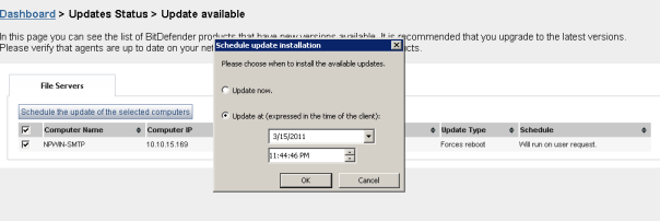 Update Status Section Bitdefender Management Server Dashboard Section