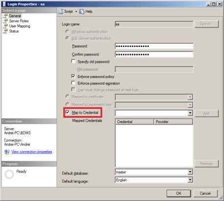 Login Properties - sa SQL Studio