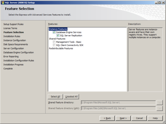 Select Features for your new instance Microsoft SQL Server 2008 R2 Setup