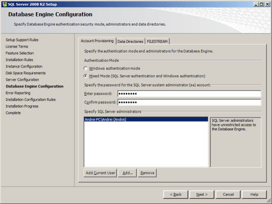 Data Base Engine Configuration SQL Server 2008 R2 Setup