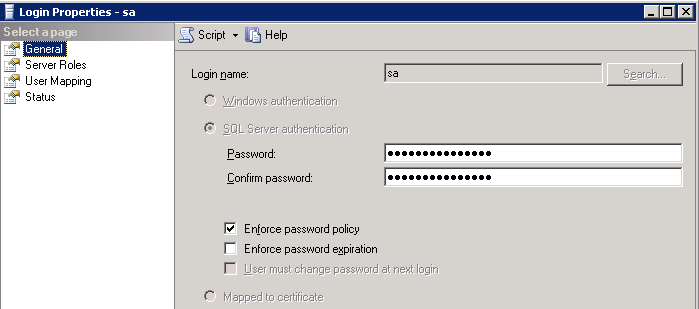 microsoft sql server management studio default password
