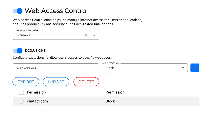 GravityZone controls - Web Access Control interface