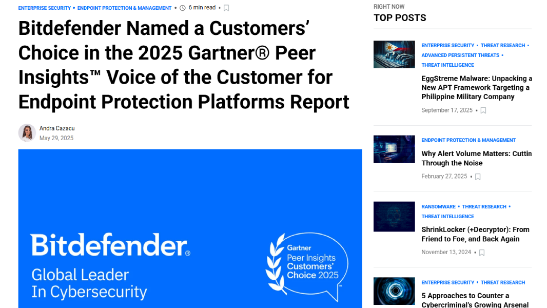 Bitdefender Named a Customers’ Choice for Endpoint Protection