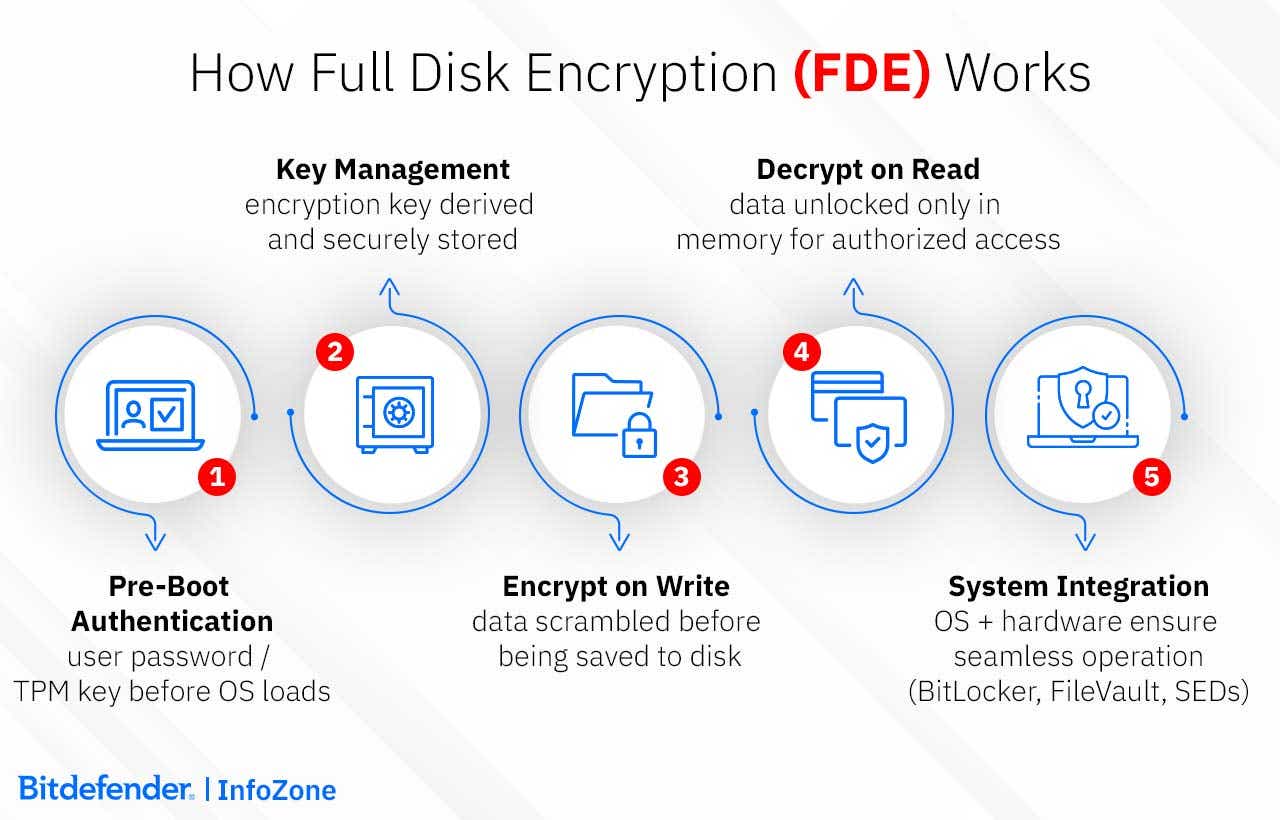 How Full Disk Encryption (FDE) process works: pre-boot authentication; key management; encrypt on write; decrypt on read; system integration