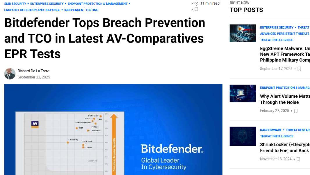 Blog: Bitdefender Tops Breach Prevention and TCO in Latest AV-Comparatives EPR Tests