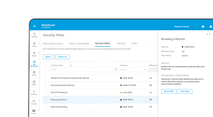 GravityZone security risks dashboard showing potential vulnerabilities and solutions