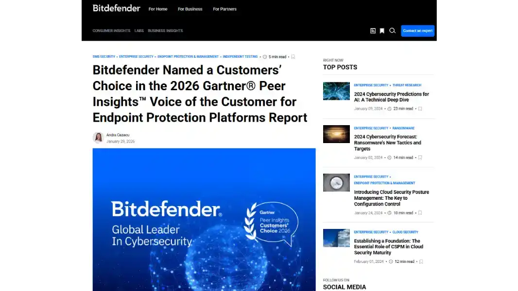 Bitdefender Named a Customers’ Choice for Endpoint Protection