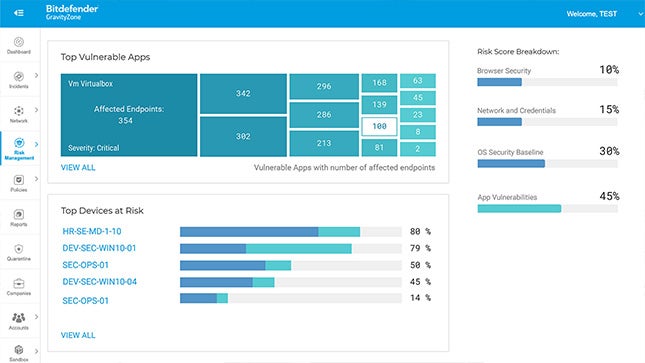 GravityZone platform - dedicated charts and insights on system vulnerabilities