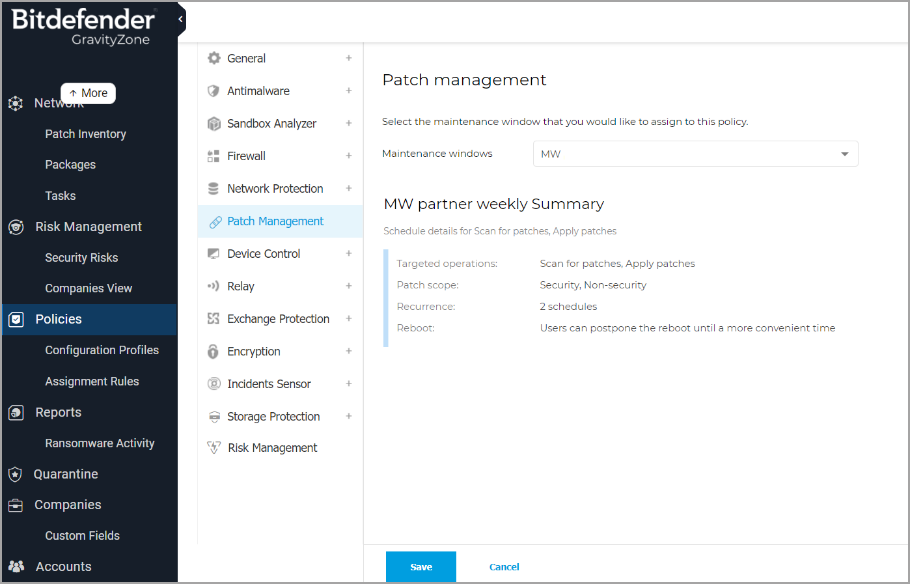 Maintenance windows details displayed in the policy settings