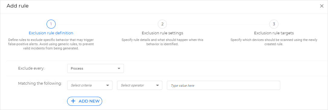 Exclusions - Add rule page