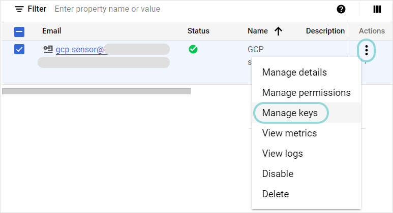 Google Cloud Platform - Service account inline menu