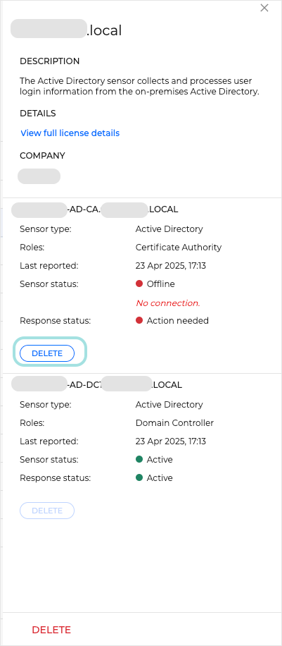 Active Directory sensor - details panel