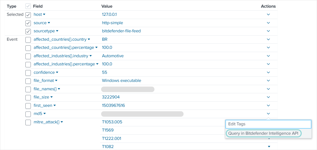 Query in Bitdefender Intelligence API button