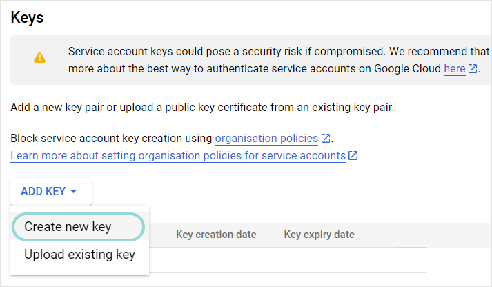 Google Cloud Platform - Service account keys