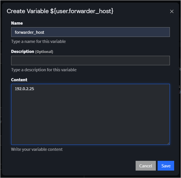 Collector configuration variable creation dialog box