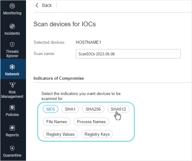 IOC scan - Configuration page