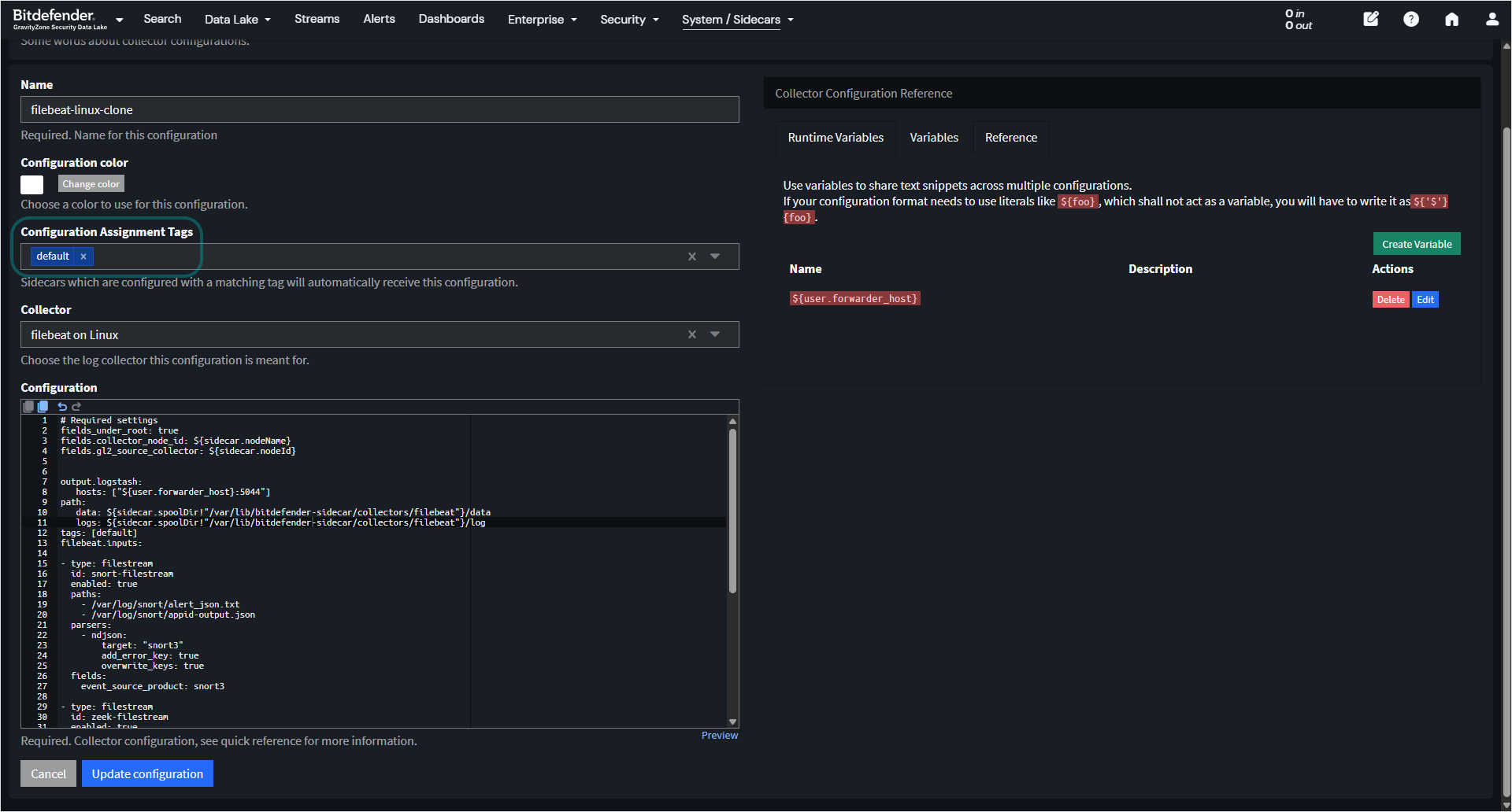 Collector configuration window with default tag