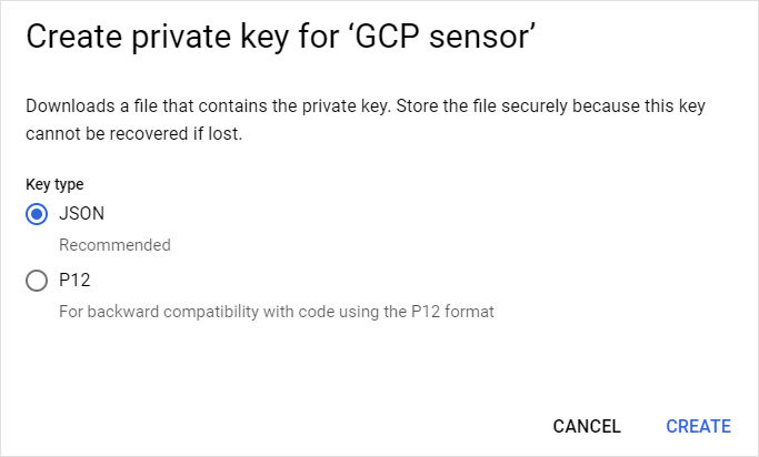 Google Cloud Platform - Key export window