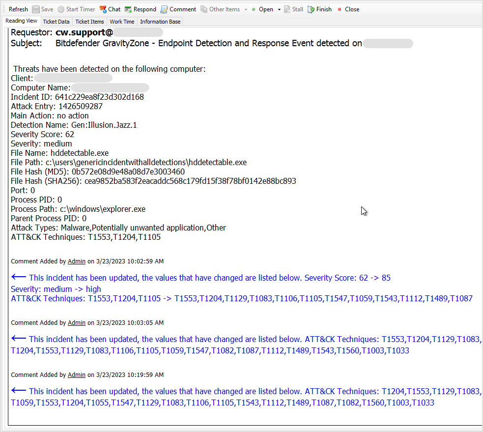 A ConnectWise Automate ticket. Updates are displayed under the initial payload.