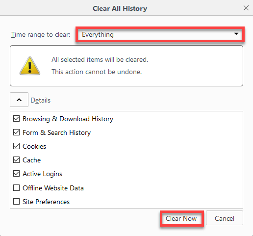 how to clear the cache and cookies in mozilla firefox