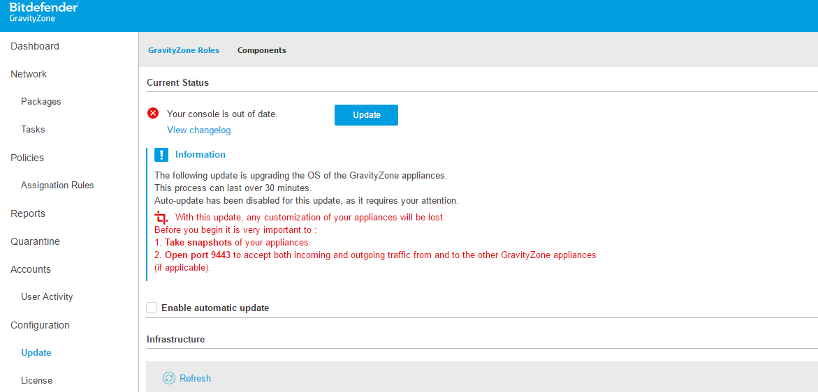 The Update page in Control Center after completing the first stage.