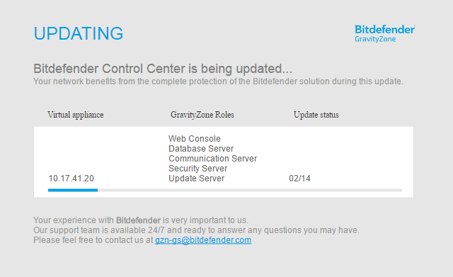 The progress window for a GravityZone environment with a single appliance having all roles.