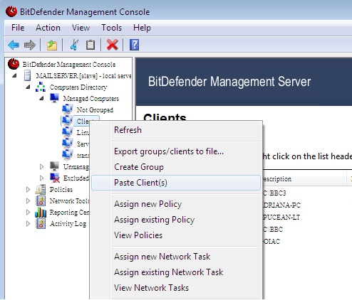 Paste clients to group How to configure Bitdefender Management Server post-install
