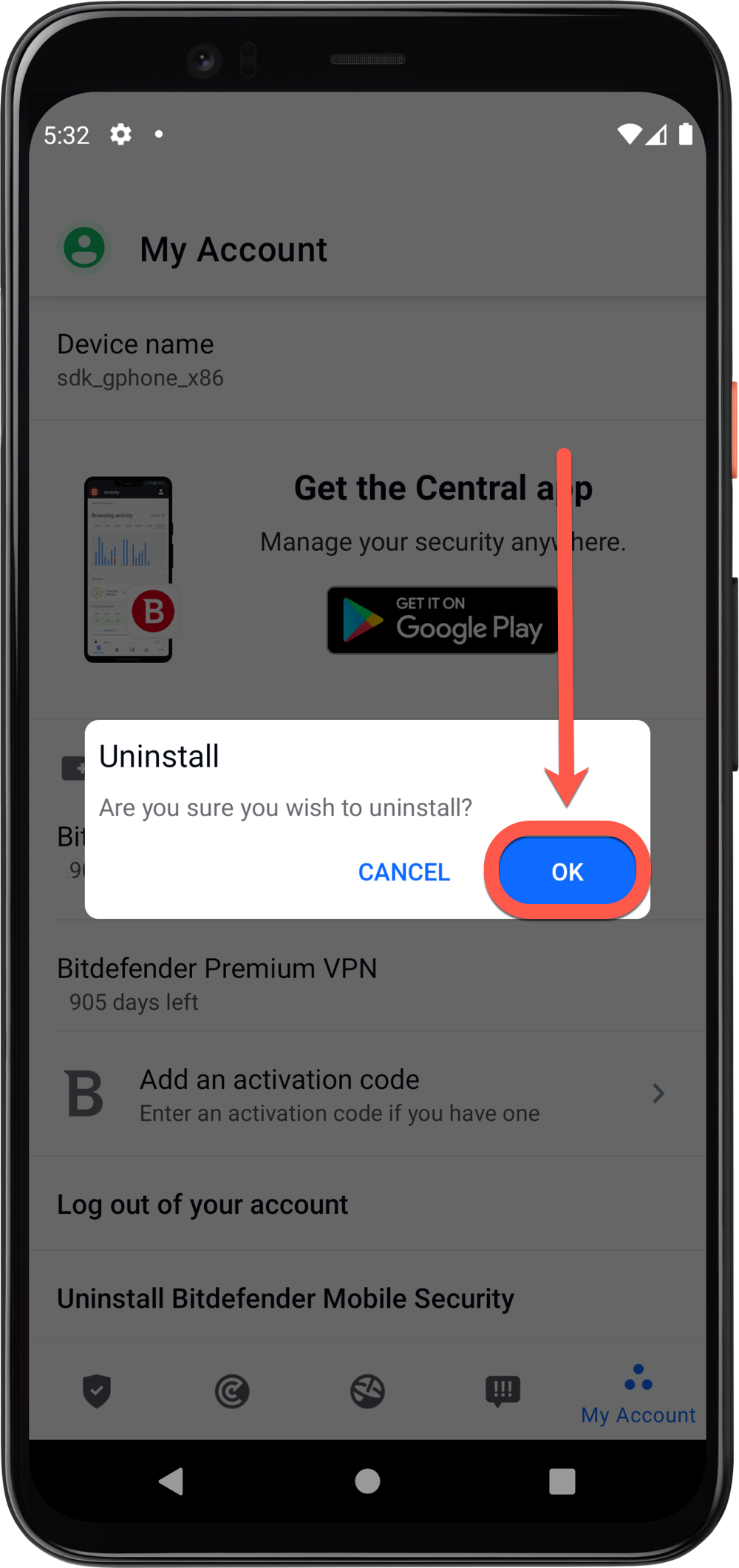 Press OK to uninstall Bitdefender for Android
