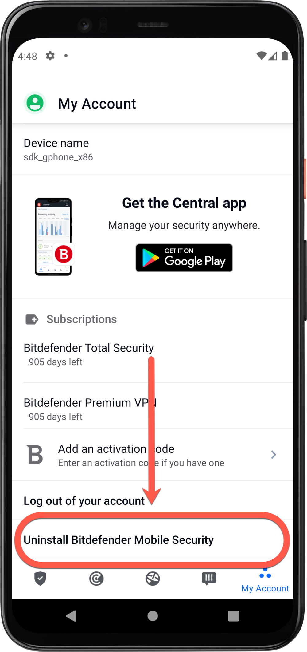 uninstall Bitdefender Mobile Security for Android