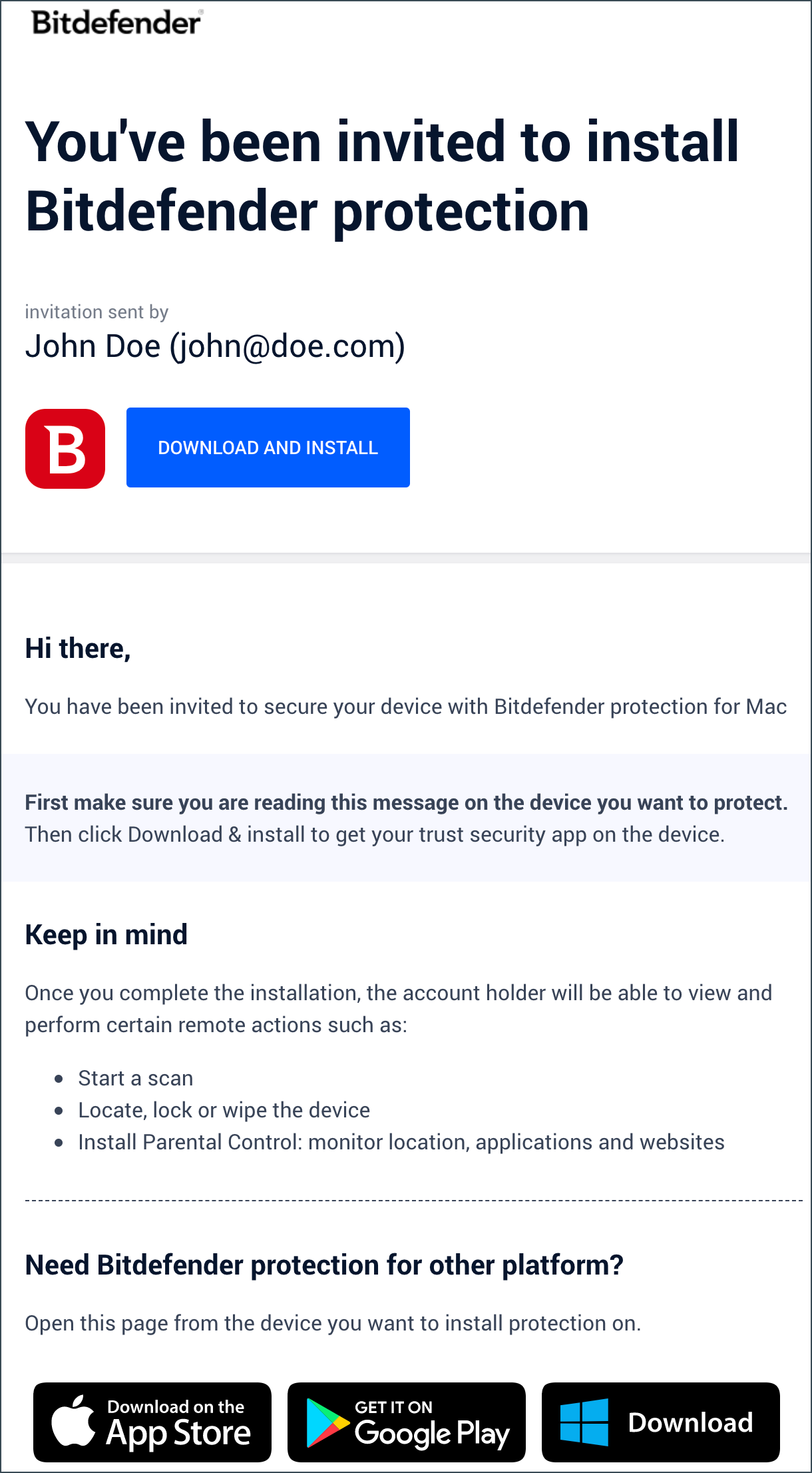 E-mail invitation to install Bitdefender on another device