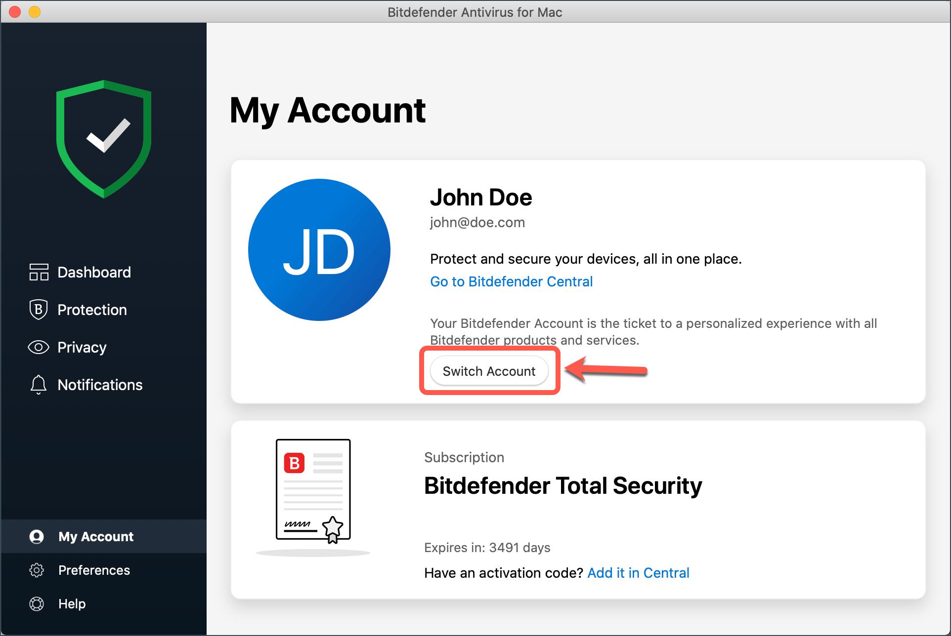 Switch Account on Bitdefender for Mac