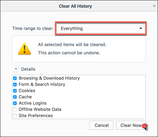 Clear all history in Firefox