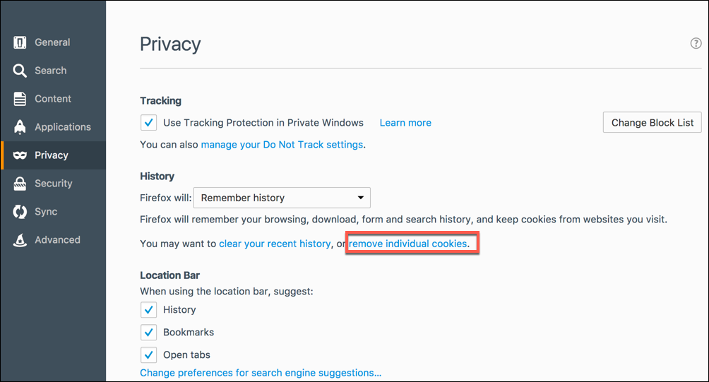 Click Remove individual cookies in Firefox