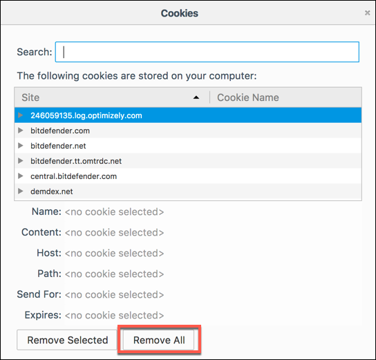 Removing all cookies in Firefox