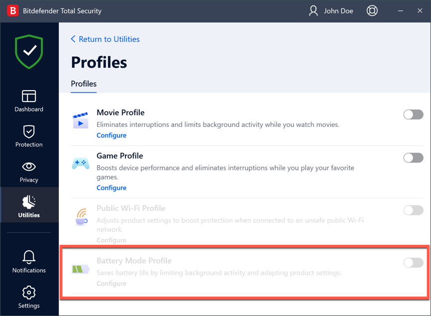 Bitdefender Battery Mode Profile