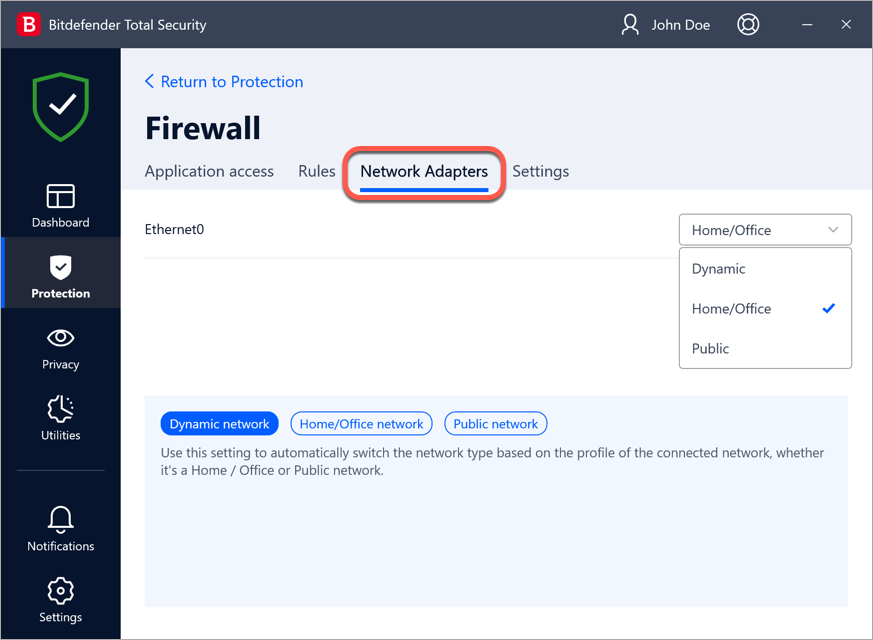 Προσαρμογείς δικτύου Bitdefender Firewall Network