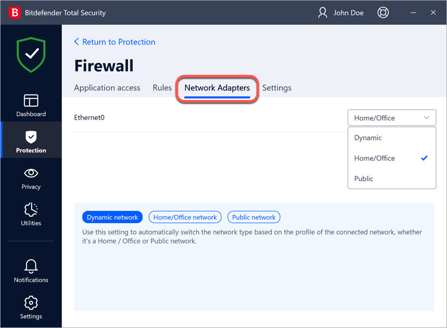 Bitdefender firewall network adapters