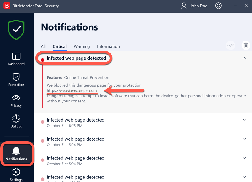 Infected web page notification in Bitdefender security for Windows