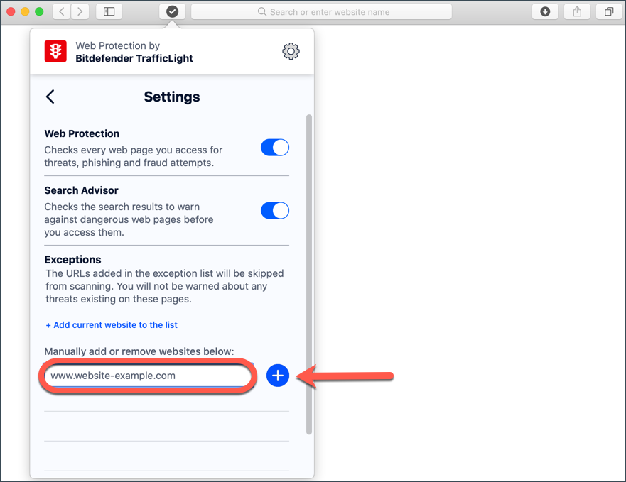 Adding a safe website to the Exceptions list in Bitdefender TrafficLight
