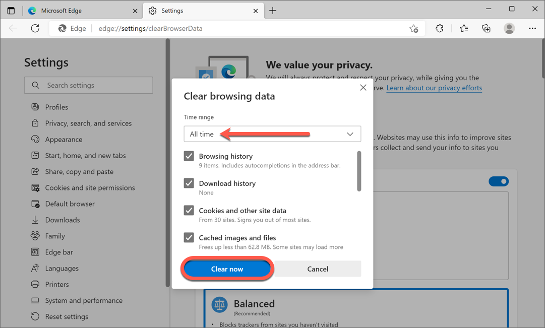 Clear cache and cookies in Microsoft Edge 