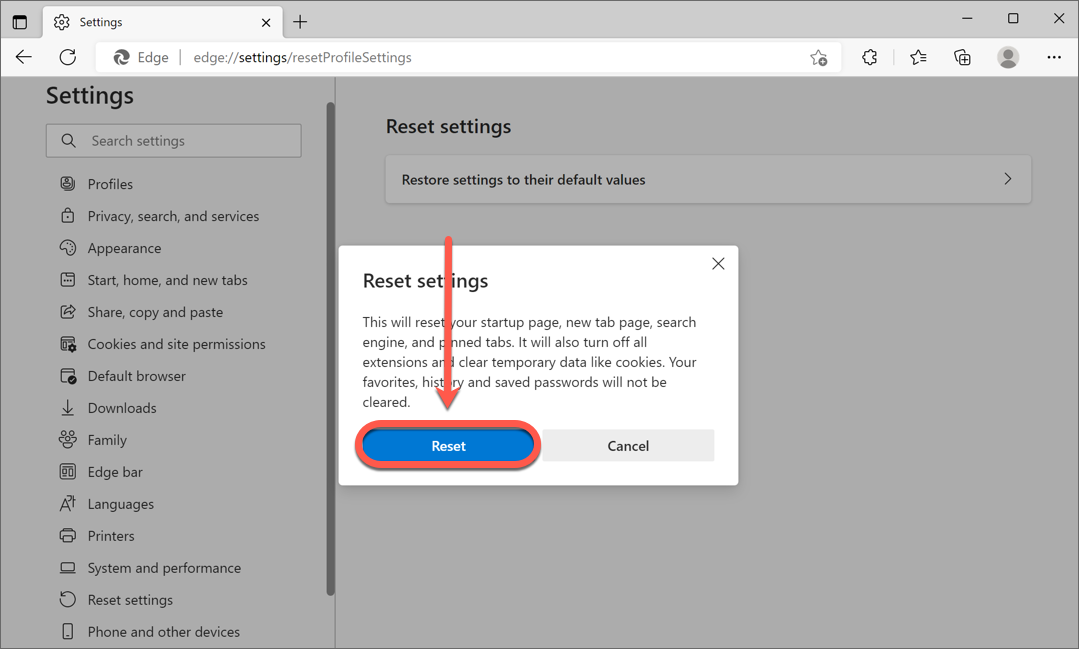 Reset Microsoft Edge