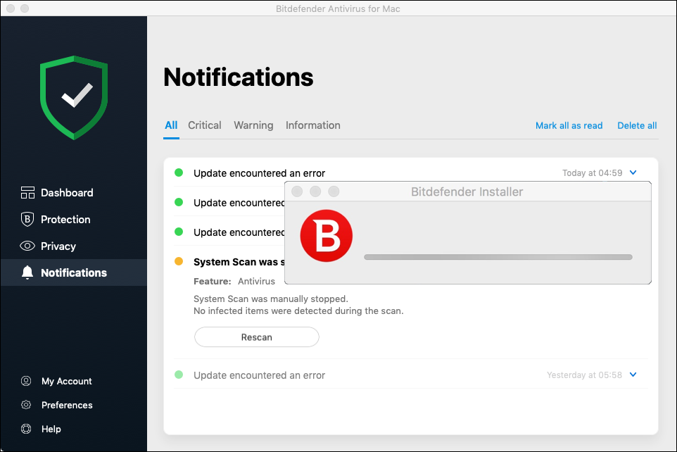 Bitdefender Installer stuck on screen after installing Bitdefender on Mac