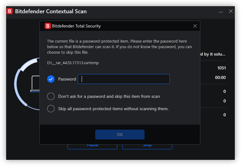 The current file is a password-protected item. Please enter the password here below so that Bitdefender can scan it. If you do not know the password you can choose to skip this file