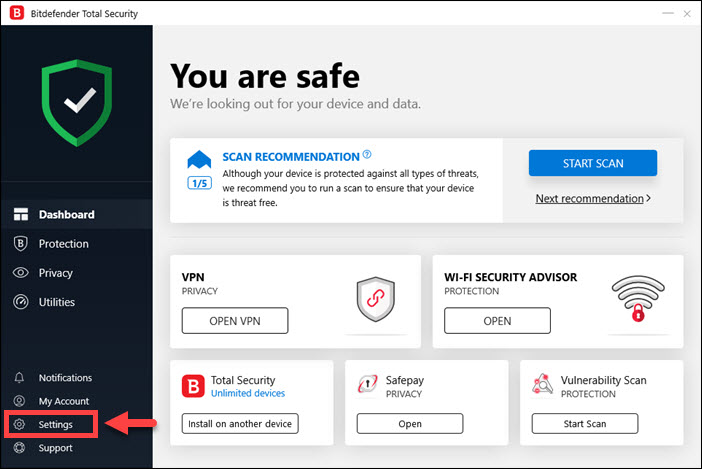 Tap on the Settings on the Bitdefender main windows screen