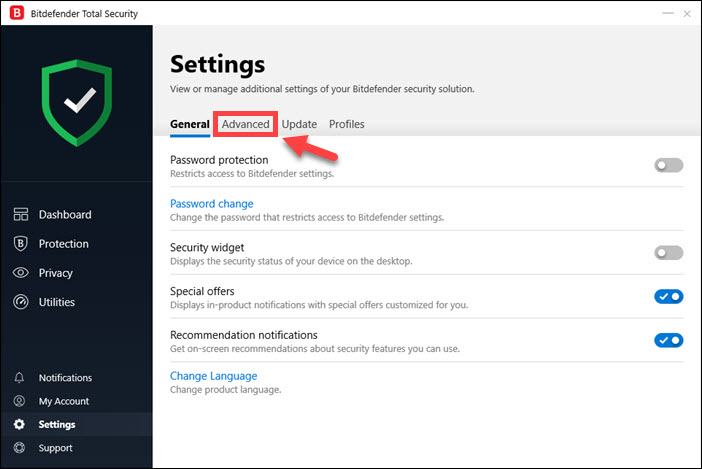 Select the Advanced tab to set up proxy settings