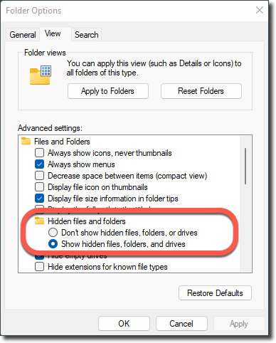 Show hidden files, folders, and drives