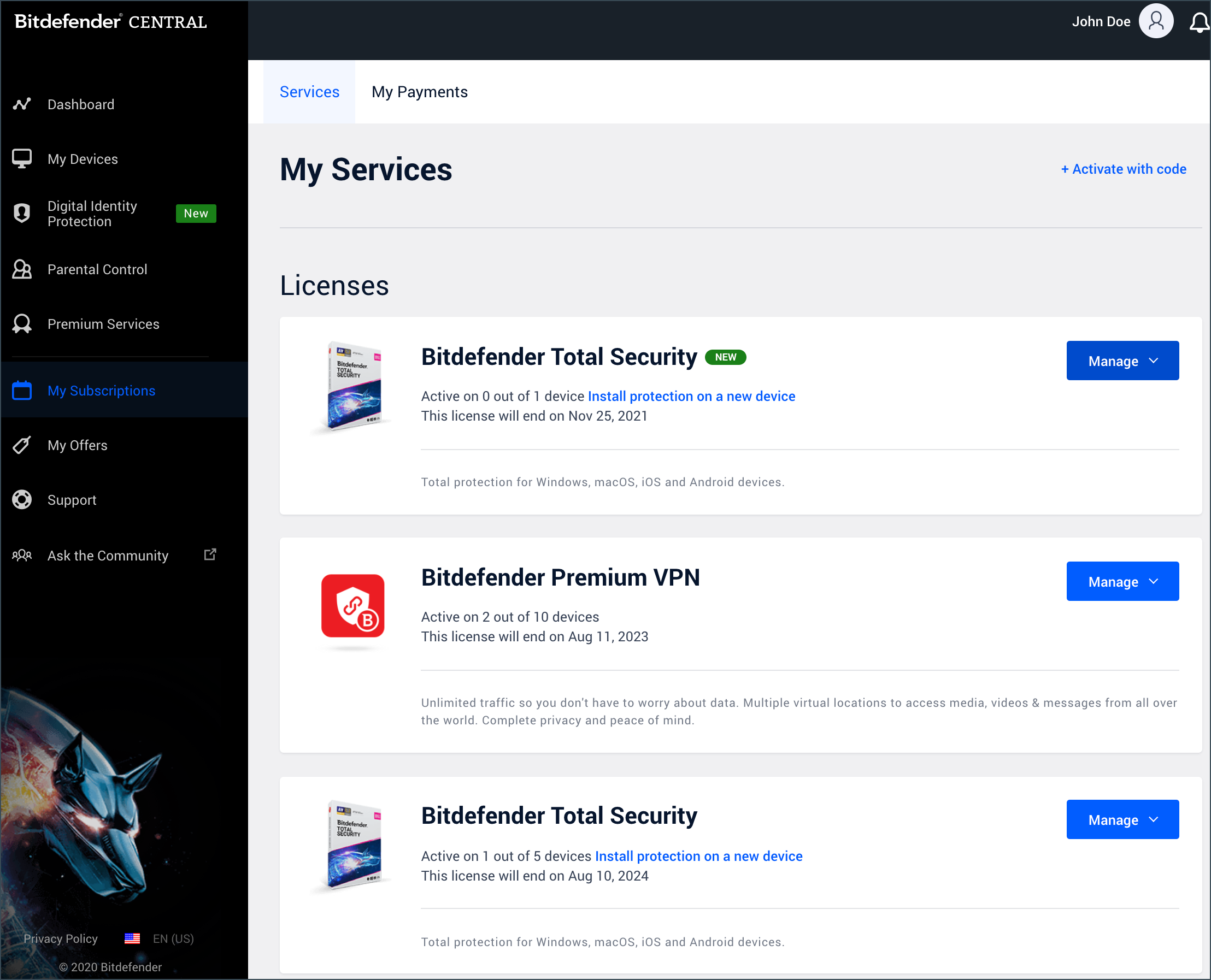 Bitdefender Central - My Subscriptions